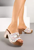 Klapki i japonki damskie - Biało-Różowe Klapki na Słupku i Platformie z Ozdobną Klamrą Koroti - miniaturka - grafika 1