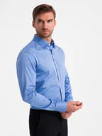 Koszule męskie - Klasyczna męska koszula SLIM FIT z satynowej tkaniny niebieska V2 OM-SHOS-0176 - Ombre Clothing - miniaturka - grafika 1