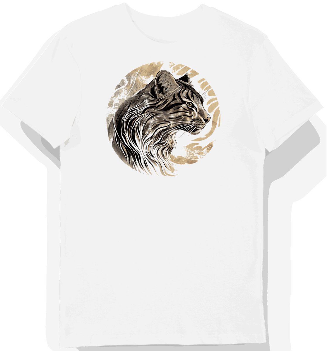 Koszulka męska biała z motywem eleganckiego kremowego kota M