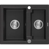 Zlewozmywaki - Mexen Carlos zlewozmywak granitowy 1,5-komorowy 582 x 475 mm, czarny/srebrny metalik, syfon chrom - miniaturka - grafika 1