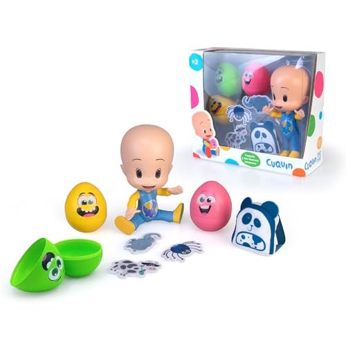 CLEO & cuquin - Niespodzianka i jajka, winylowa lalka z 3 jajkami niespodzianką z 3 zwierzętami w środku i 1 tekstylnym plecakem, 20 cm przegubowa figurka, oficer kukiński, słynny (CUQ00000)