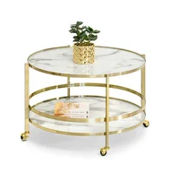 Ławy i stoliki kawowe - Stolik Kawowy Okrągły 80 Podstawa Jezdna Z Półką Charles Marmur Biały Złoty - miniaturka - grafika 1