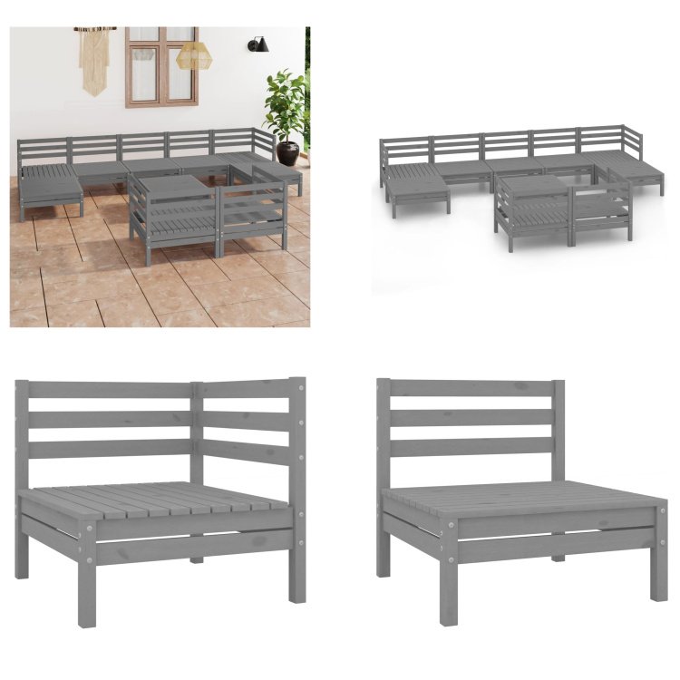 vidaXL 10-częściowy zestaw wypoczynkowy do ogrodu szary sosna lita - Zestaw mebli ogrodowych - Zestawy mebli ogrodowych - Zestawy mebli ogrodowych - Zestawy ogrodowe