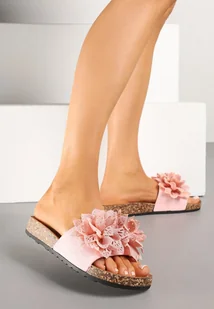 Różowe Klapki na Grubej Korkowej Podeszwie z Kwiatem 3D Nilitrae - Klapki i japonki damskie - miniaturka - grafika 1