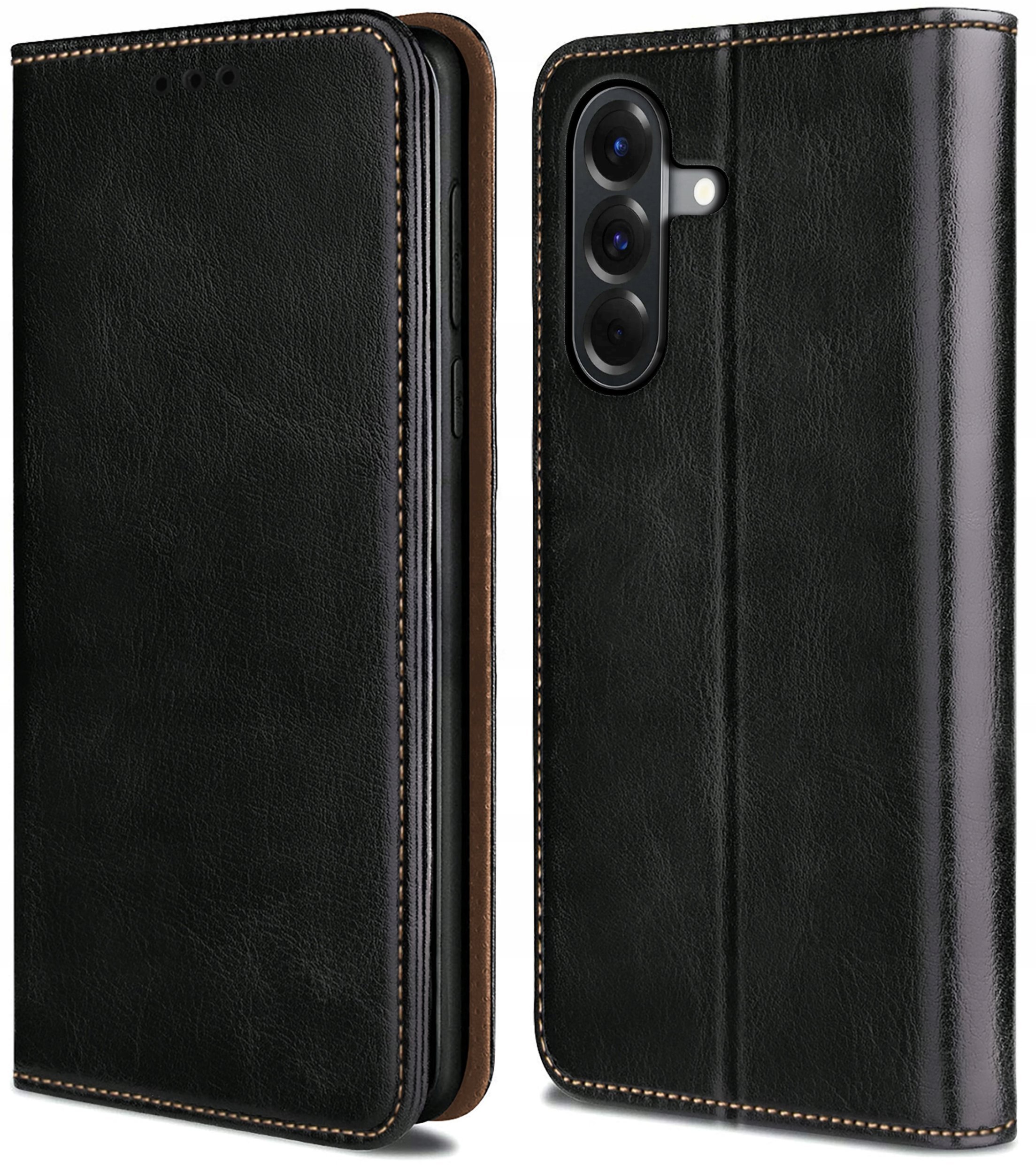 Etui do Samsung A36 5G SKÓRZANE CZARNE ZAMYKANE MAGNETYCZNE + SZKŁO