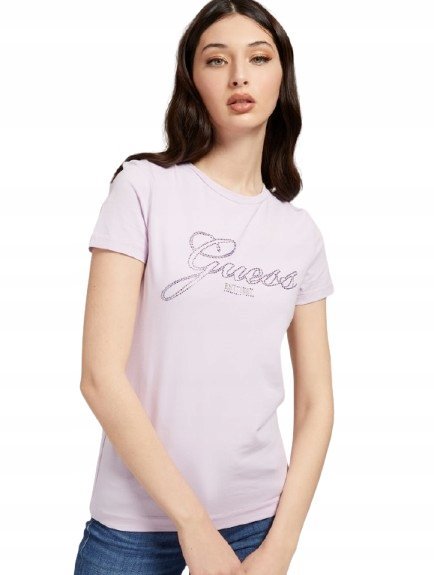 GUESS T-SHIRT DAMSKI BAWEŁNA FIOLETOWY Z CEKINAMI OKRĄGŁY DEKOLT S GXB