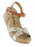 Sandały damskie - Sunbay Skórzane sandały "Pivoine" w kolorze karmelowo-złotym na koturnie - miniaturka - grafika 1