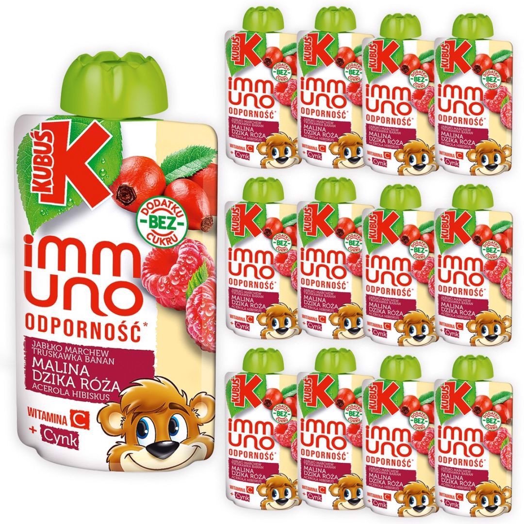 Kubuś Immuno Odporność Mus jabłko marchew banan truskawka malina dzika róża acerola hibiskus 100 g x 12 sztuk