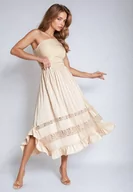 Spódnice - Beżowa Plisowana Spódnica o Asymetrycznym Kroju z Gumką w Talii i Koronką Qeslifea - miniaturka - grafika 1