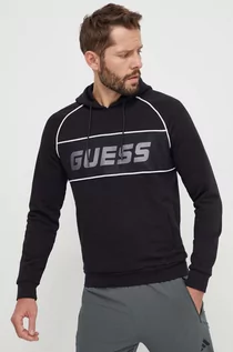Bluzy męskie - Guess bluza męska kolor czarny z kapturem z nadrukiem - grafika 1