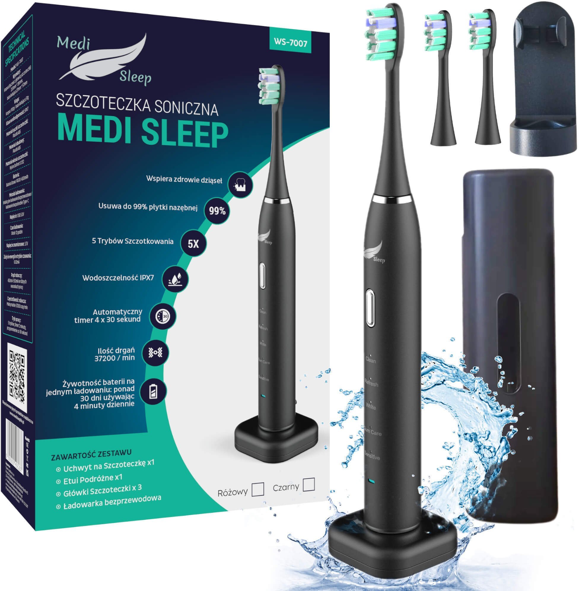Medi Sleep SZCZOTECZKA SONICZNA DO ZĘBÓW + ETUI + UCHWYT + 37 TYS. DRGAŃ MEDI SLEEP