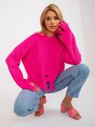 Swetry damskie - Sweter asymetryczny fluo różowy casual dekolt stójka rękaw długi długość krótka dziury - miniaturka - grafika 1