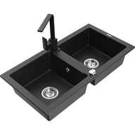 Zlewozmywaki z baterią - Mexen Mario zlewozmywak granitowy 2-komorowy z baterią kuchenną Rita, czarny/srebrny metalik - miniaturka - grafika 1