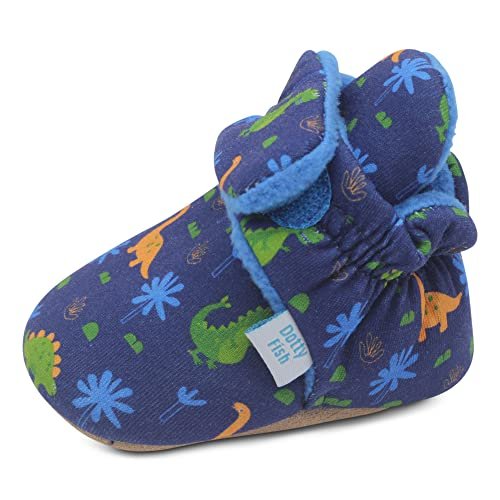 Dotty Fish Bawełniane buciki dziecięce z zamszową podeszwą, ciepła podszewka polarowa, regulowane, antypoślizgowe buty wstępne, unisex, rozmiary 0-24 miesięcy, Granatowy z dinozaurami, 18-24 Miesiące