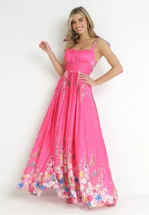 Fuksjowa Sukienka Maxi na Ramiączkach z Cienkimi Gumkami i Plisowanym Dołem Sidona - Sukienki - miniaturka - grafika 1