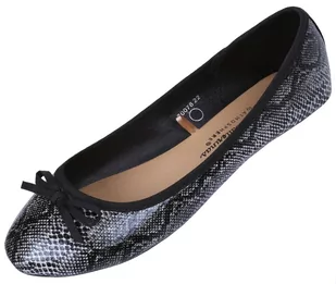 Czarno-białe, wężowe balerinki z kokardką - Baleriny - miniaturka - grafika 1