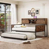 Sofy i kanapy - Sofa z łóżkiem z kutego żelaza 90x200cm - z rozkładaną sofą - ze schowkiem + gniazdko wielofunkcyjne - czarna + brązowa (bez materaca) - miniaturka - grafika 1