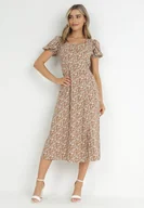 Sukienki - Beżowo-Zielona Sukienka Midi z Gumką w Pasie i Rozcięciem Kaylanii - miniaturka - grafika 1