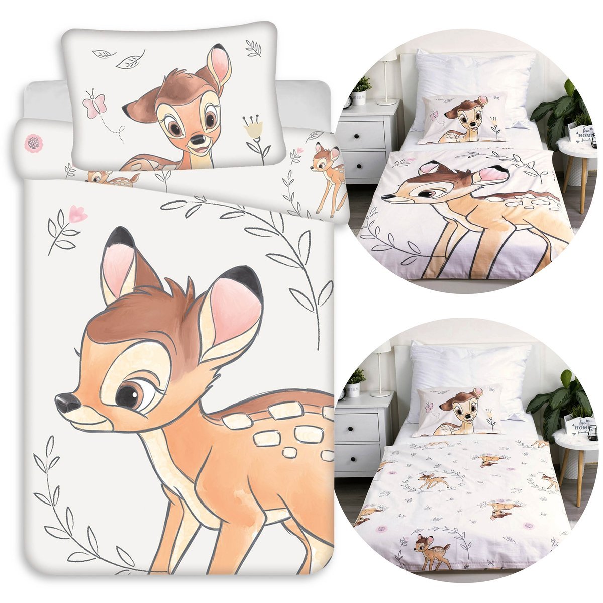 DISNEY Bambi Beżowa, DWUSTRONNA, bawełniana pościel dziecięca na zamek, 100% BAWEŁNA 100x135cm+40x60cm OEKO-TEX