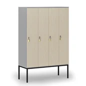 Szafy biurowe - Drewniana szafa ubraniowa z podstawą, 4 przegródki, zamek obrotowy, szary/brzoza - miniaturka - grafika 1