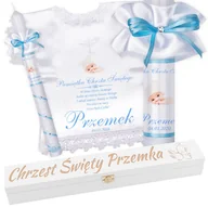 Dewocjonalia - Świeca i szatka na chrzest do chrztu ze zdjęciem oraz pudełkiem biały krzyż Pamiątka - miniaturka - grafika 1