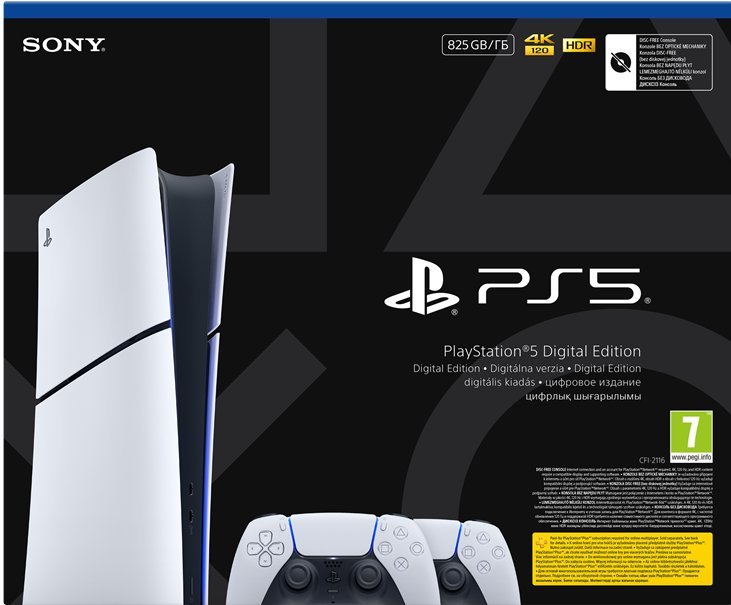 SONY PlayStation 5 Digital Slim Chassis E 825 GB z dwoma kontrolerami bezprzewodowymi DualSense