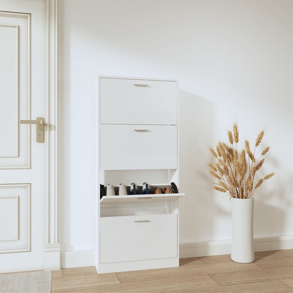 Biała szafka na buty o wysokim połysku 59x17x150 cm Materiał drewnopochodny