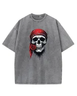 Koszulki i topy damskie - Koszulka oversize efekt sprania Piracka Czaszka Kwiat szary M - miniaturka - grafika 1