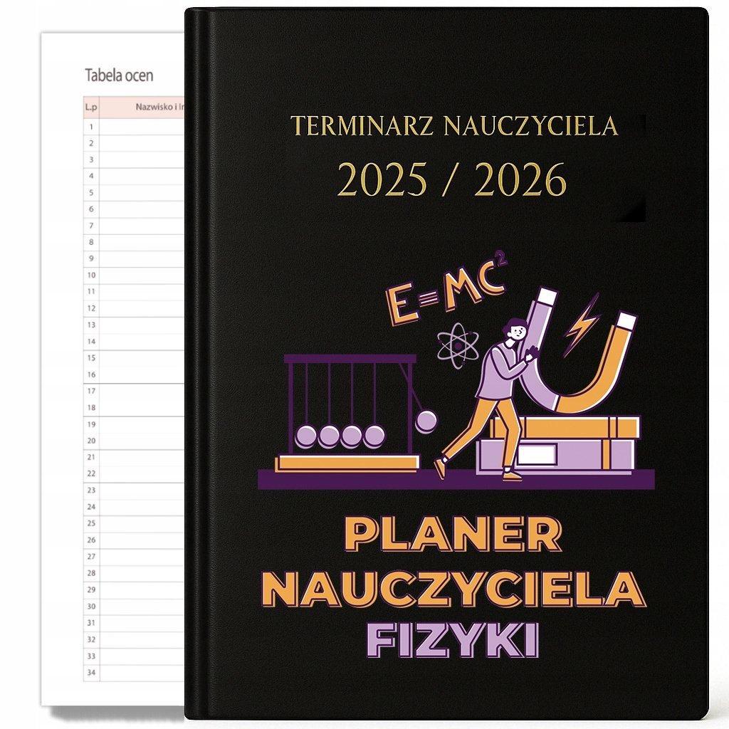 KALENDARZ NAUCZYCIELSKI 2025-2026 CZARNY PLANER NAUCZYCIELA FIZYKI Prezent