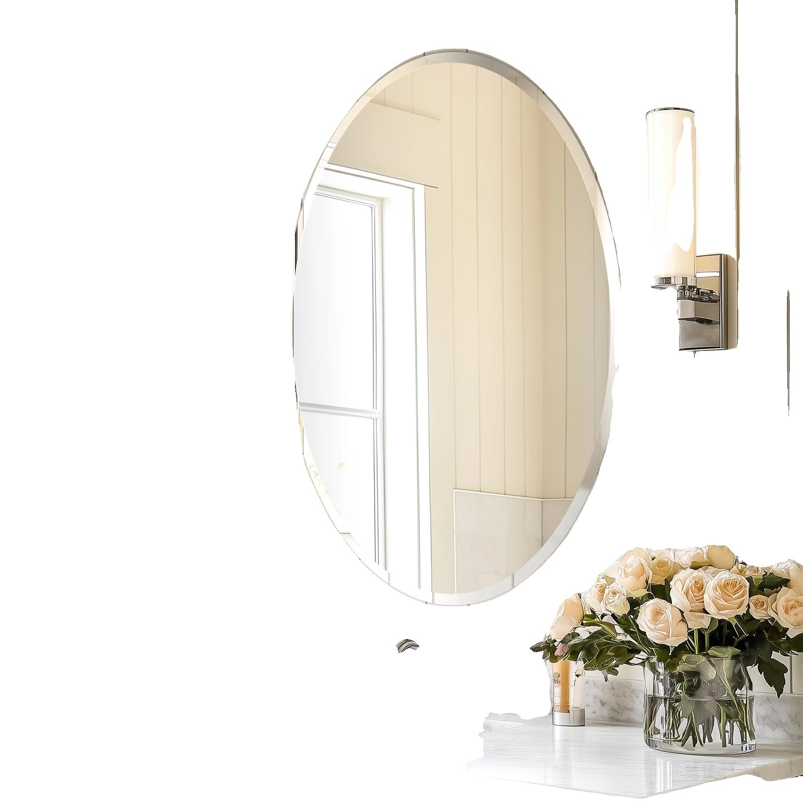 Bezramowe owalne lustro ścienne, wytrzymałe szkło, wszechstronne opcje montażu, 20x28 cali