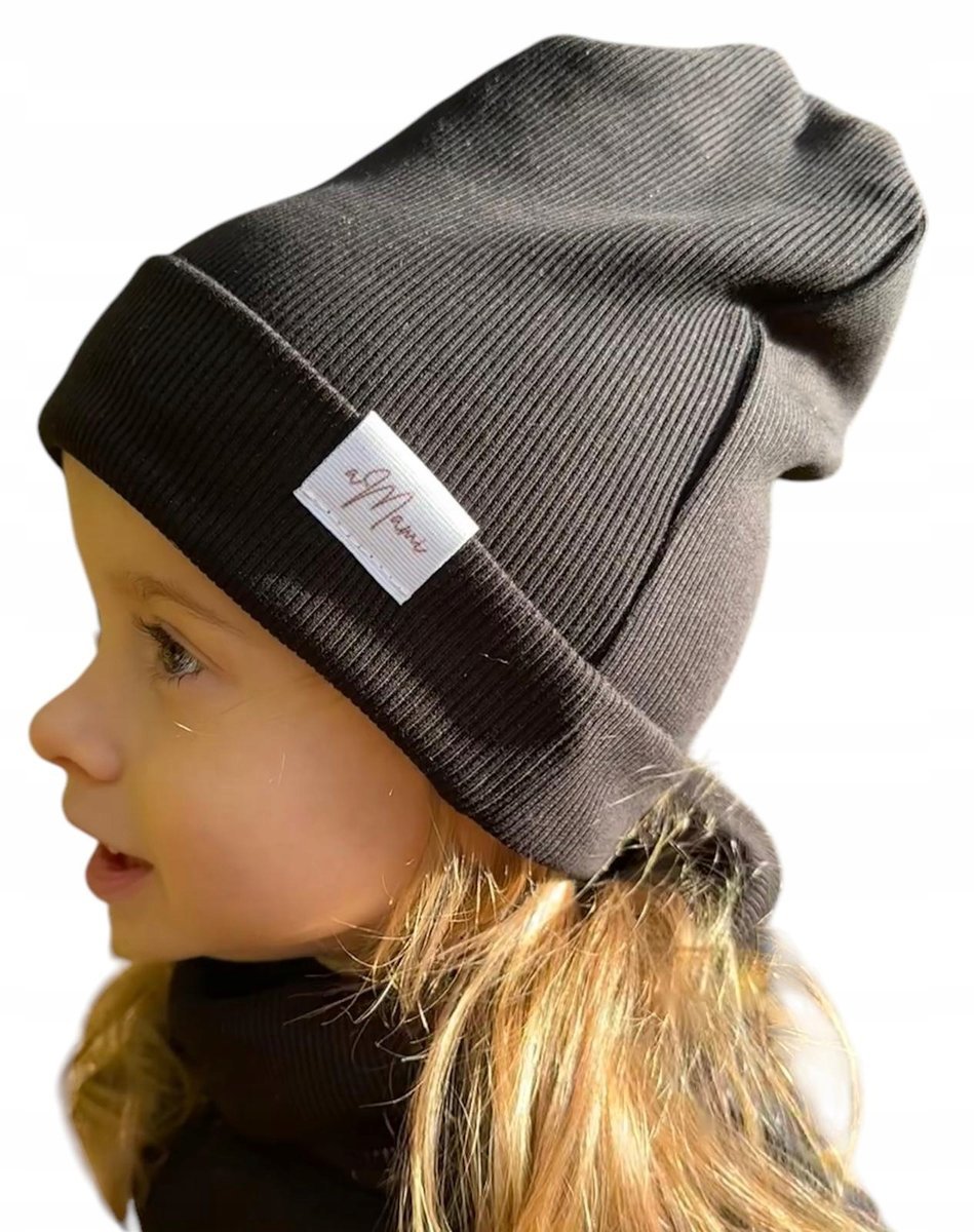 aMami Czapka i komin prążek przejściowy CZARNY komplet