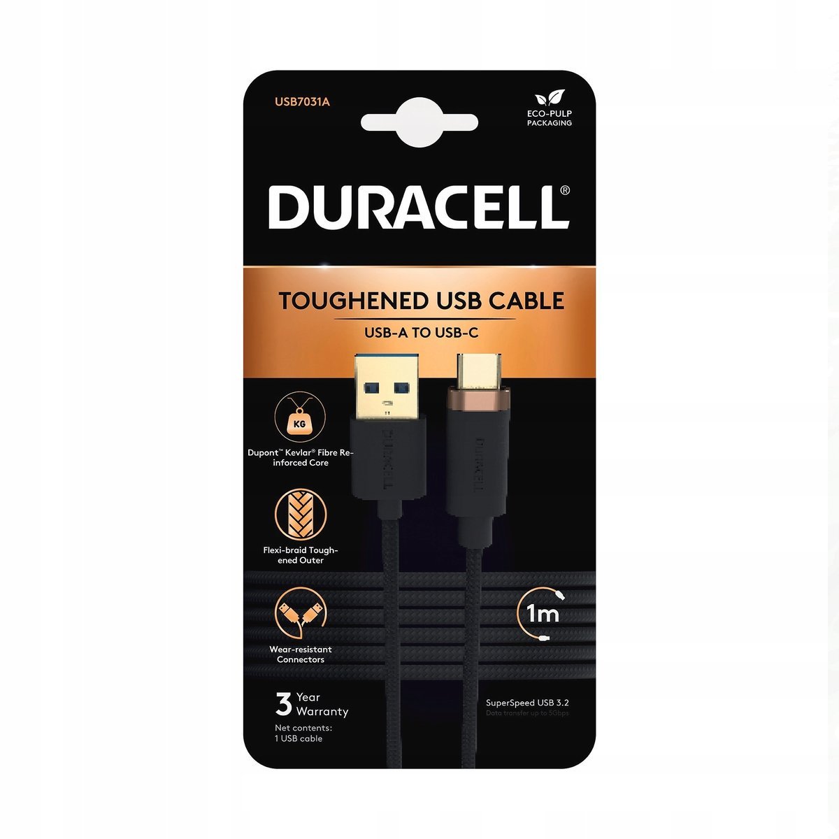 DURACELL 1M Czarny Nylonowy Kabel USB-A / USB-C