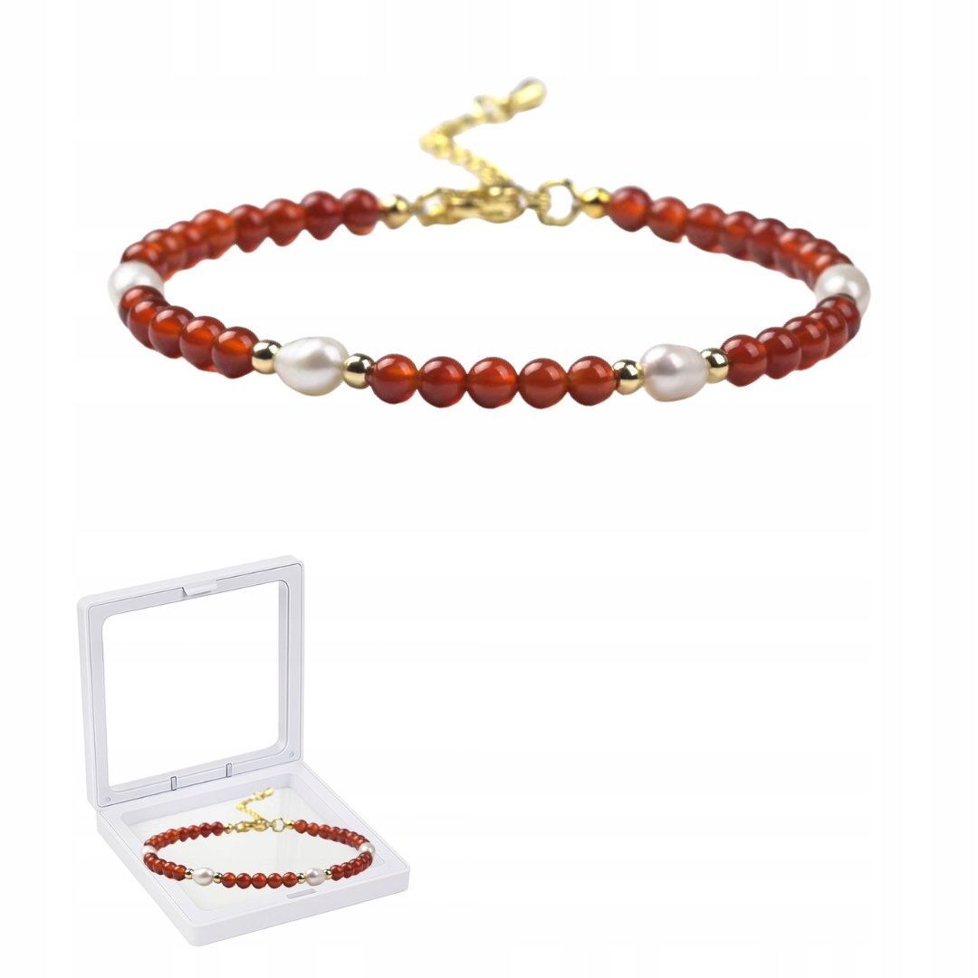 Bransoletka z Efektownych Koralików Czerwono-Perłowych 18+5 cm + Pudełko