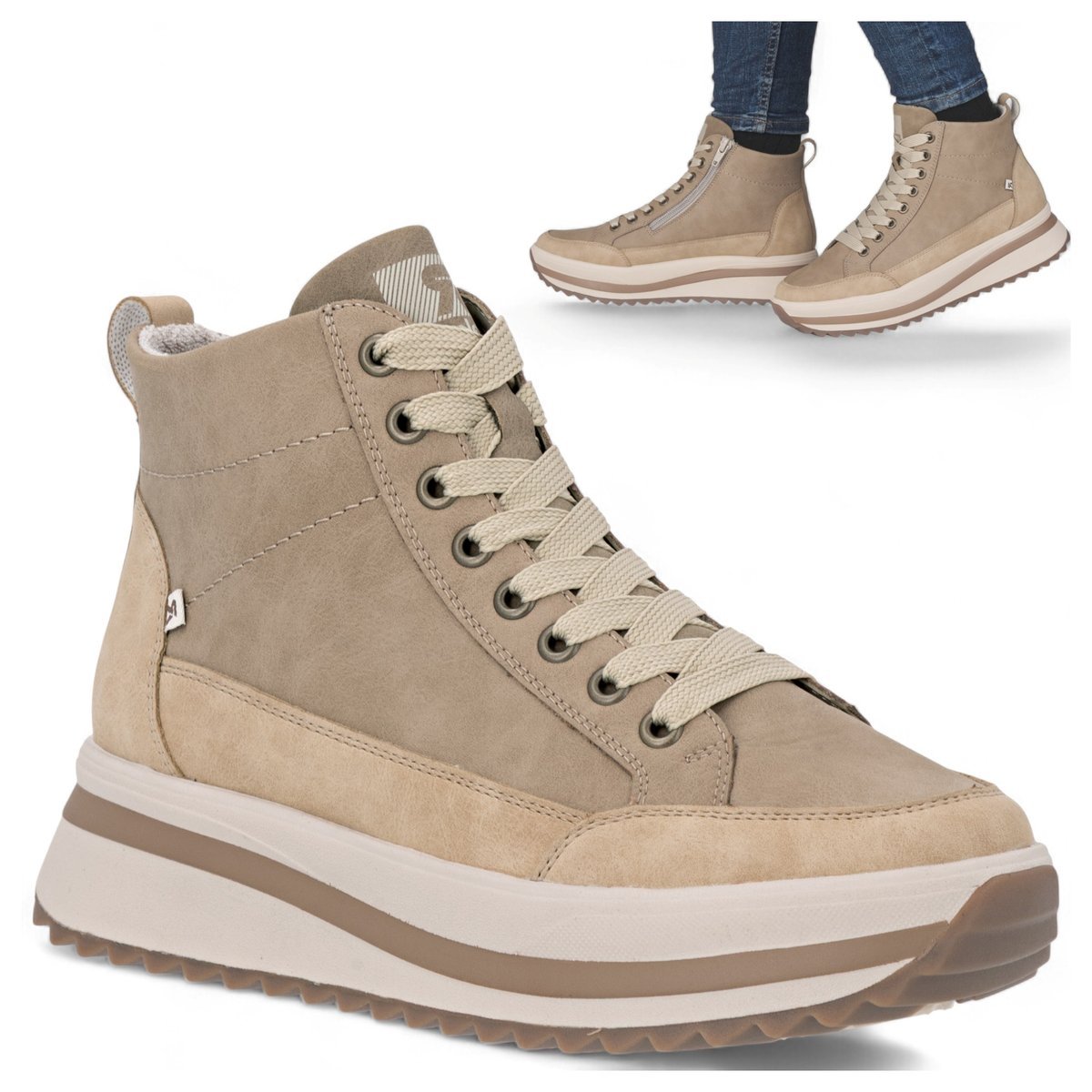 Rieker SKÓRZANE Sneakersy Damskie Sportowe Półbuty Wsuwane Platforma Beż 41