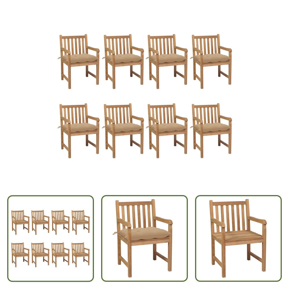 The Living Store krzesła ogrodowe 8 szt. z beżowymi poduszkami z litego drewna tekowego