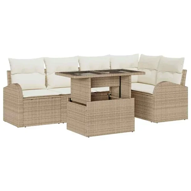 Zestaw Sof Ogrodowych Rattan Beżowy: Sofa Narożna, Stół, Ławka