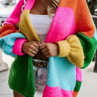 Swetry damskie - TEMU Kardigan w Kolorowe Bloki, Luźny Płaszcz Przeciwdeszniowy – Wygodne Okrycie na Zimę i . Unikalna Kurtka z Długimi Raglanami dla Kobiet: Stylowa - miniaturka - grafika 1