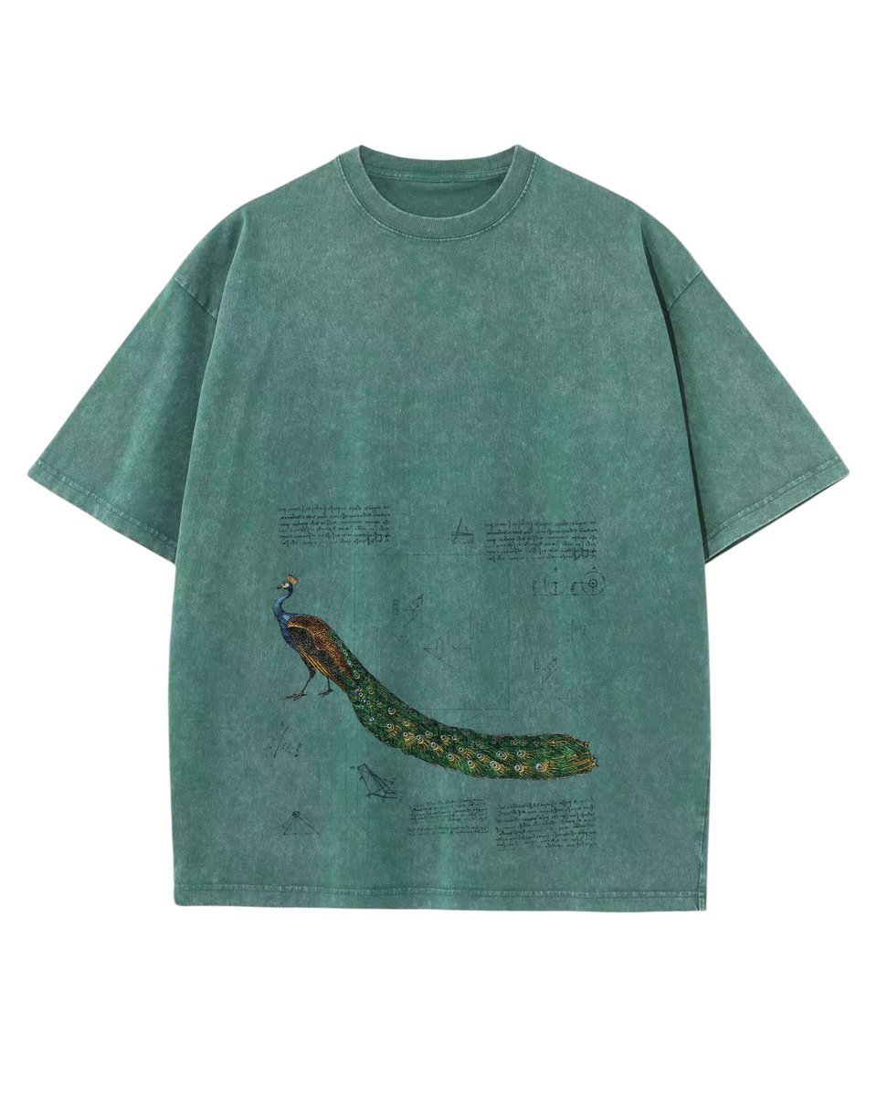 Męska koszulka oversize efekt sprania Piękny Paw Zwierzęta Zielona M