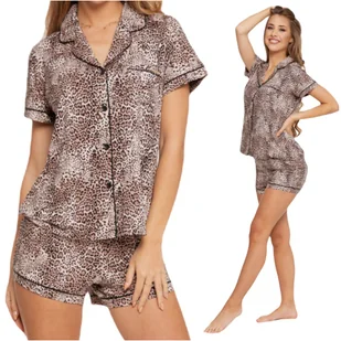 Piżama damska dwuczęściowa krótka ROZPINANA elegancka wzór panterka brąz XL - Piżamy damskie - miniaturka - grafika 1