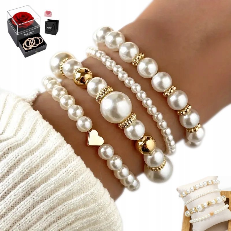 Bransoletka Damska Perłowa 4 Sztuki ZESTAW Perły Komplet PEREŁKI Ślubna