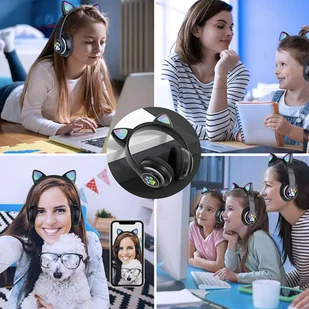 Alogy Słuchawki bezprzewodowe nauszne LED RGB Bluetooth 5.0 FM MP3 radio Kocie uszy świecące Czarne - Słuchawki - miniaturka - grafika 3