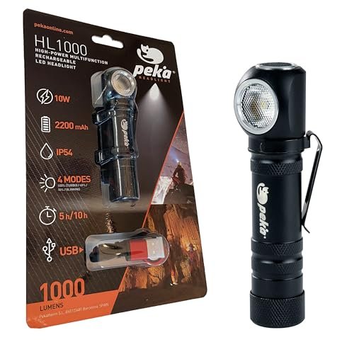 PEKA HL1000 latarka LED wielofunkcyjna na czoło, 10 W i 1000 lm, 4 intensywności, czas pracy 5-10 godzin, latarka do ponownego ładowania, z USB i kablem do ładowania, bateria litowa 2200 mAh