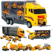 Samochody i pojazdy dla dzieci - Ciężarówka Tir + 6 Aut Maszyny Budowlane / TRADEX - miniaturka - grafika 1