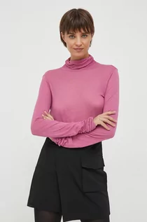 Bluzki damskie - Sisley longsleeve z domieszką wełny kolor różowy z golfem - grafika 1
