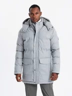 Kurtki męskie - Ciepła długa męska kurtka typu parka z wełną jasnoszary melanż V3 OM-JALJ-0217 XXL - miniaturka - grafika 1