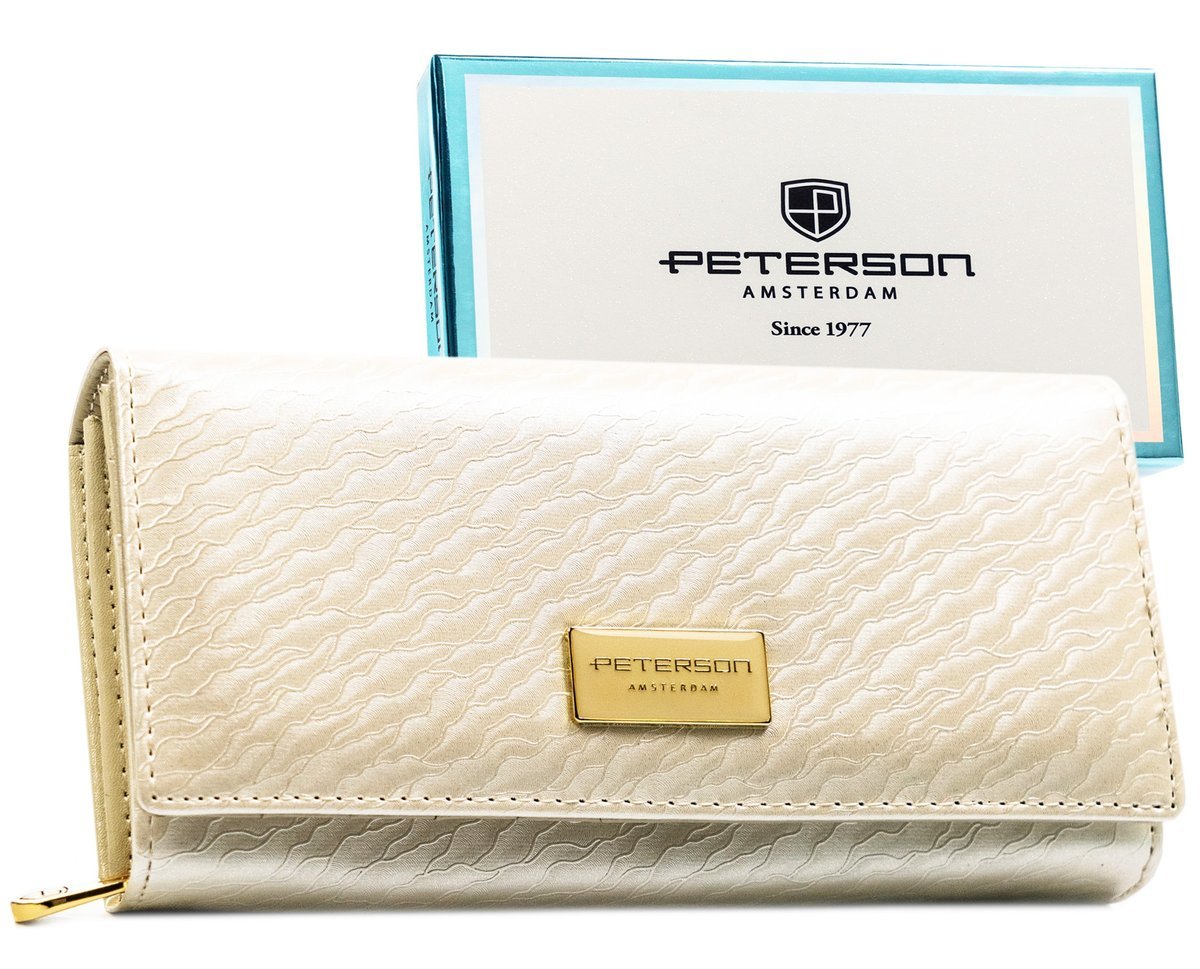 Portfel damski na zatrzask beżowy PETERSON duży klasyczny na zatrzask skóra naturalna i eko rfid stop