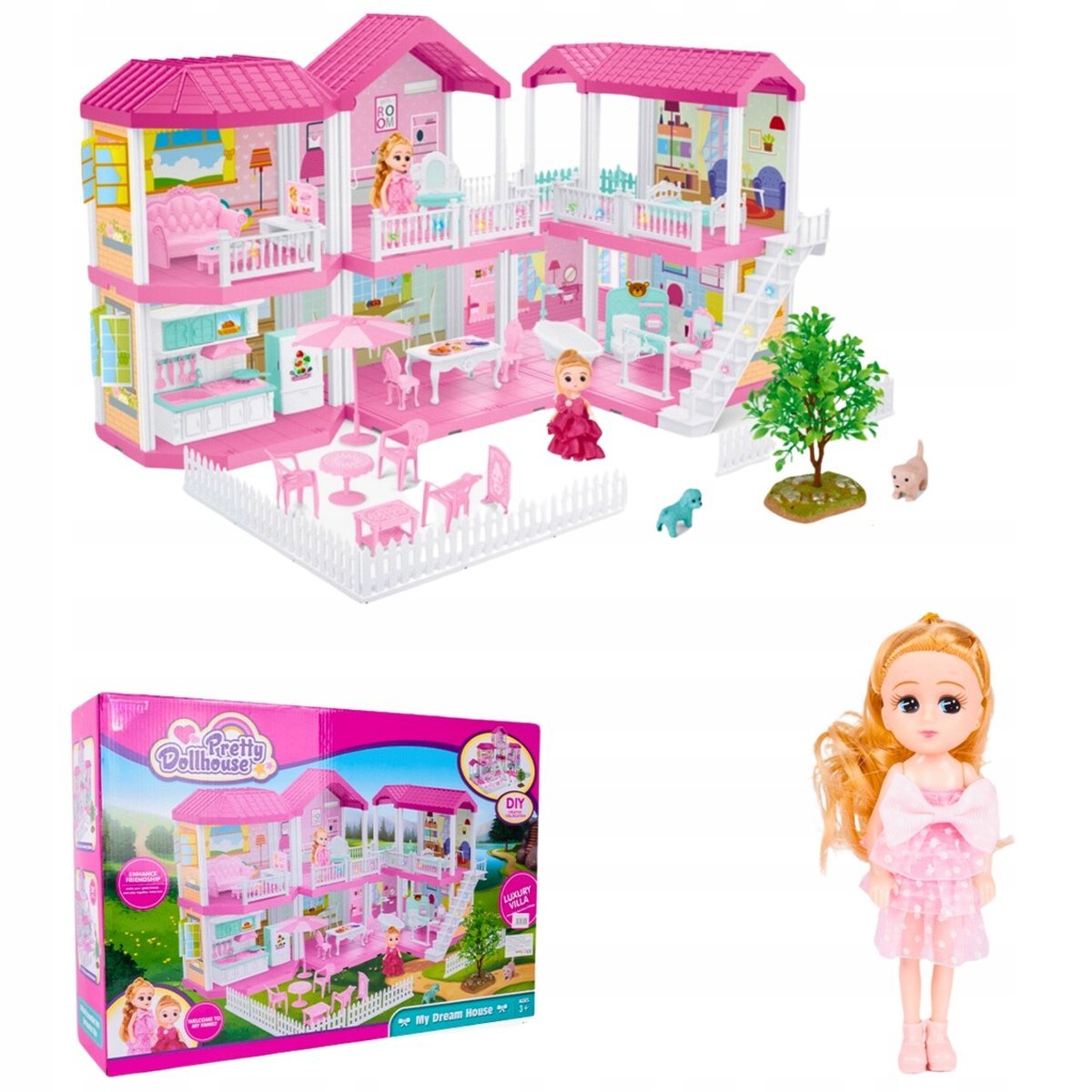 Domek dla Lalek Meble Duży Rezydencja Księżniczki Pieski dla Dziewczynek