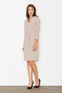 Sukienki - Elegancka SUKIENKA prosta z dekoltem w V | Beżowa S - miniaturka - grafika 1