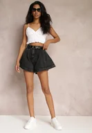Spodenki damskie - Czarne Szerokie Szorty Bawełniane z Paskiem w Komplecie Nishika - miniaturka - grafika 1