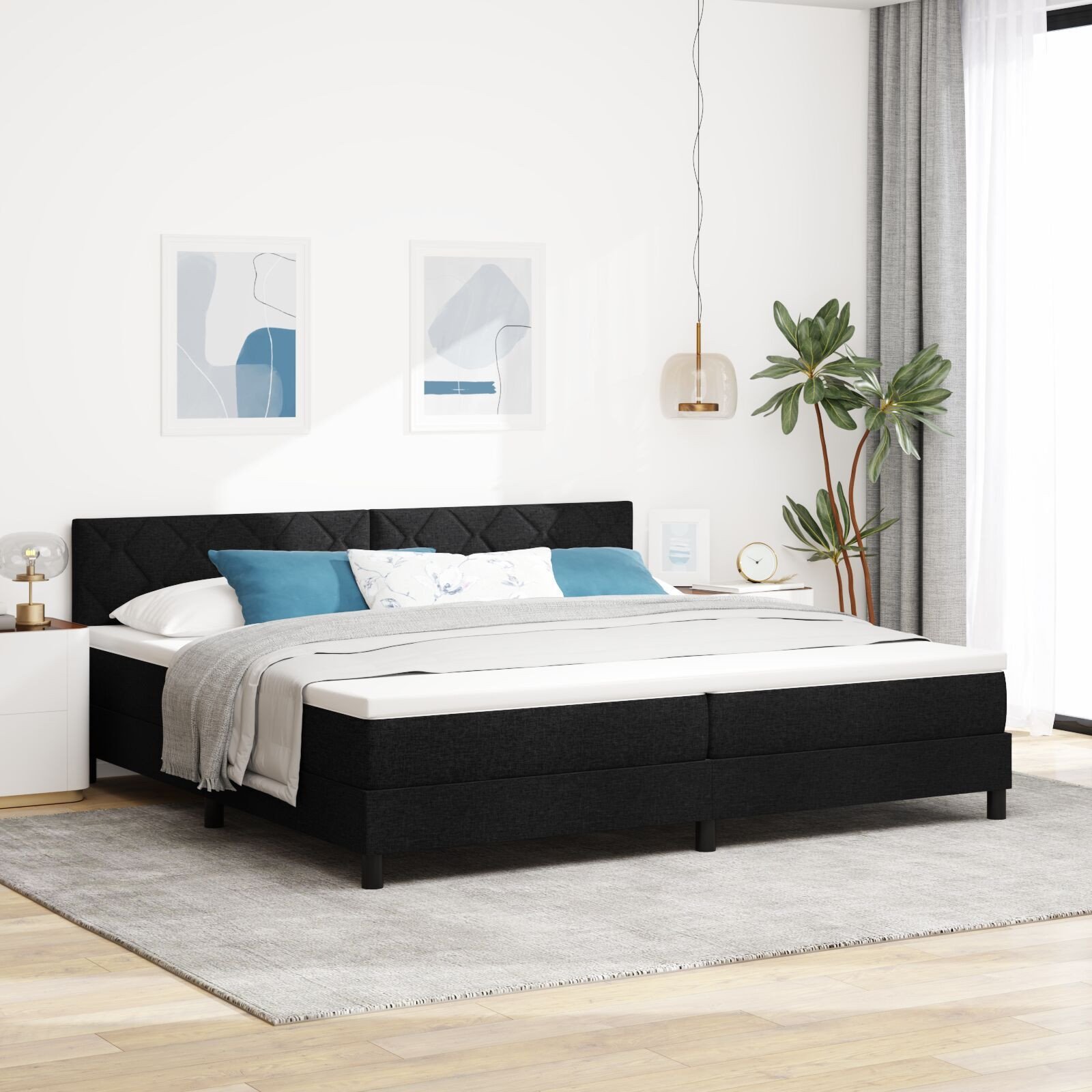 Łóżko kontynentalne z materacem i LED-ami czarne 200x200 cm tkanina